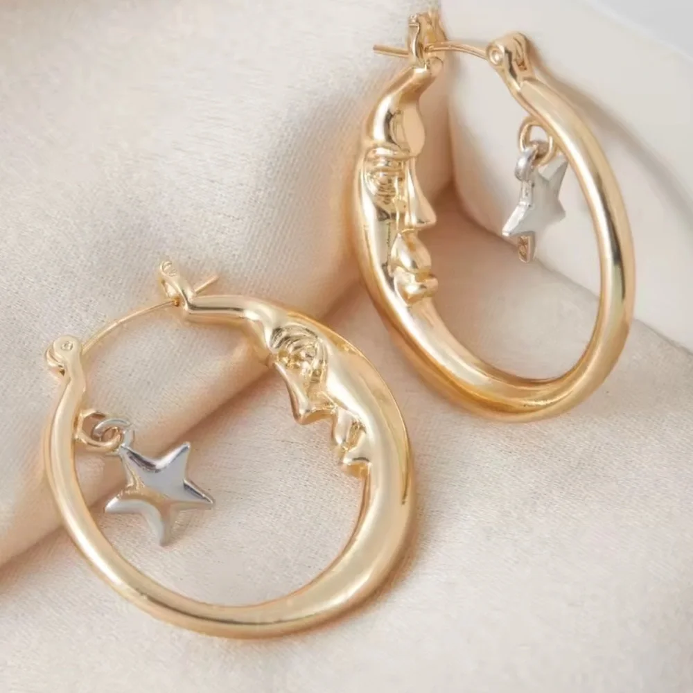 Moon Gold Hoop Earrings with Silver Star Charm - Picture 2 of 6